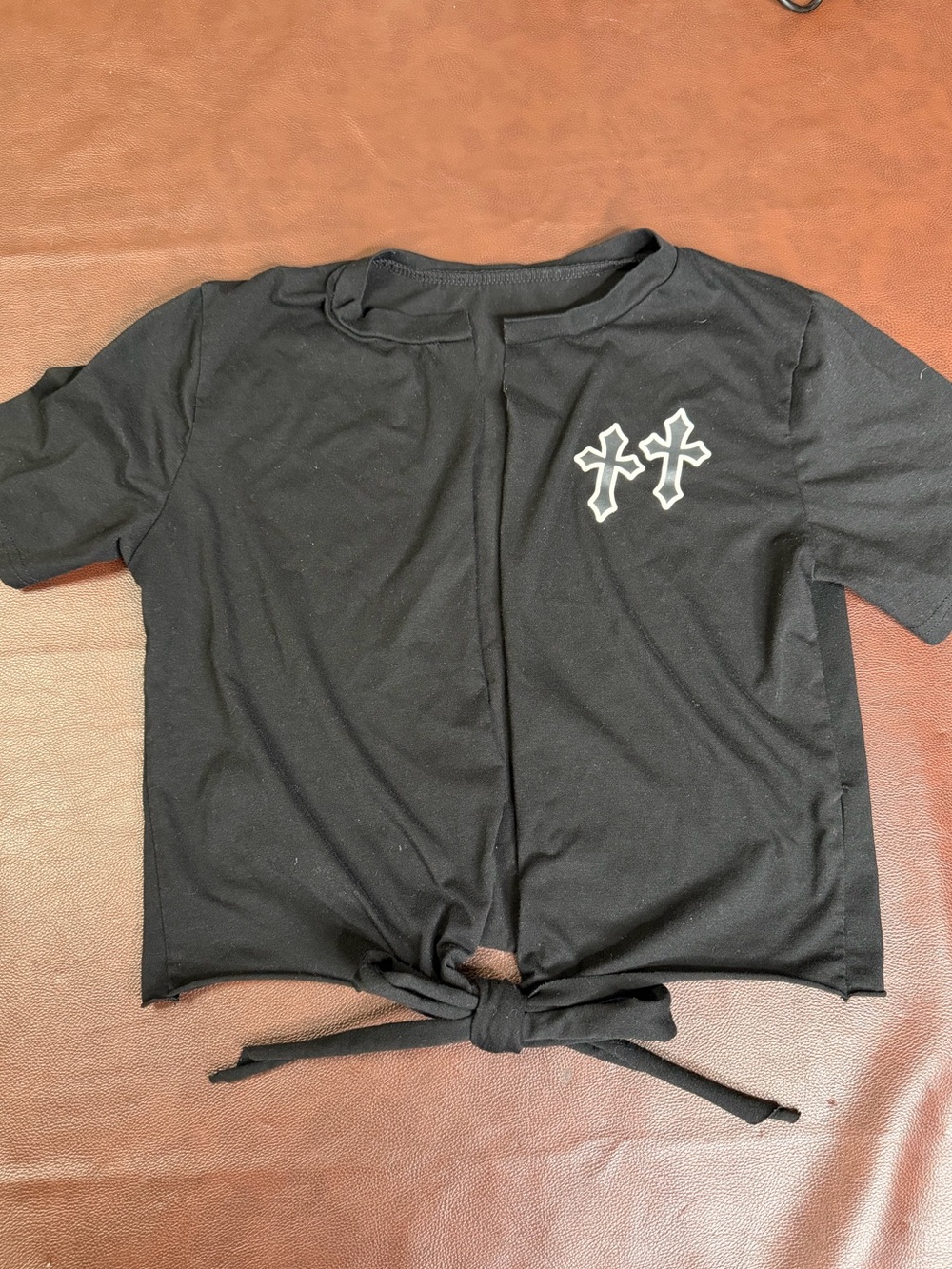Gothic Tie-Front Tee with Cross Embroidery